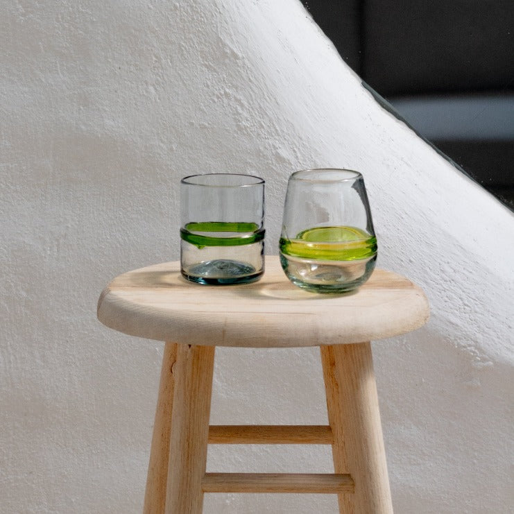 Vaso old fashioned de vidrio soplado transparente con banda verde