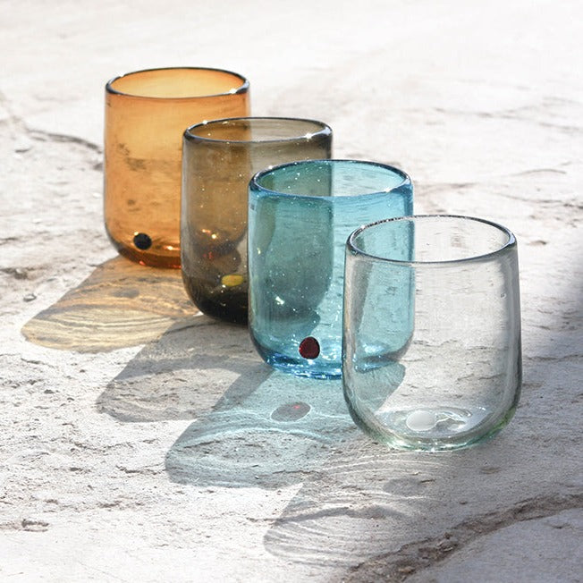 Vaso de vidrio soplado colección KIIN double old fashioned tuquesa con punto rojo