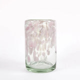 Vasos alto de vidrio soplado borde con pintas rosas y base transparente