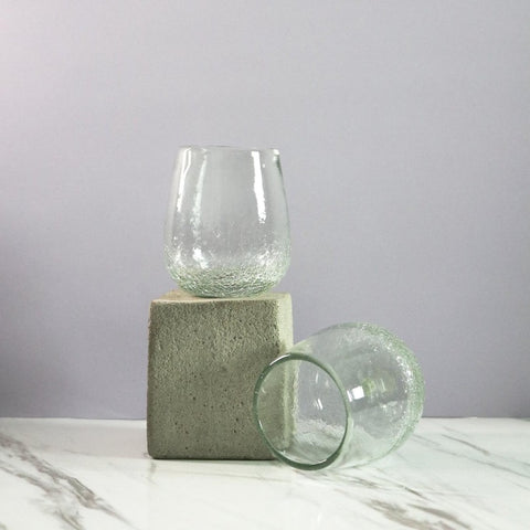 Vasos wolis en vidrio soplado transparente con efecto craquelado